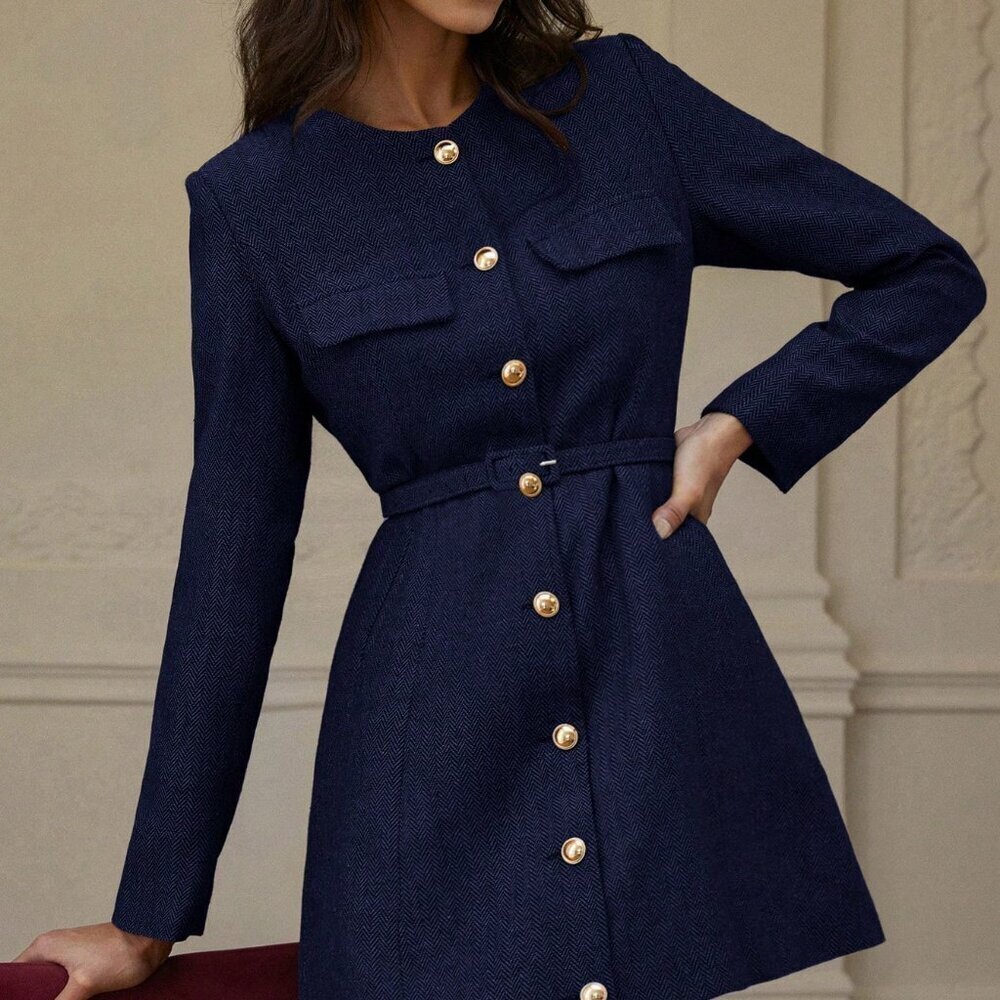 Blue Elegant Women's Casual Classic Belted Herringbone Texture Long Sleeve Dress